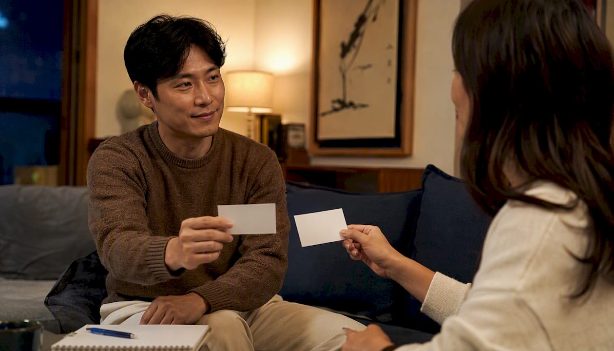 Hands exchanging Korean dialogue flashcards