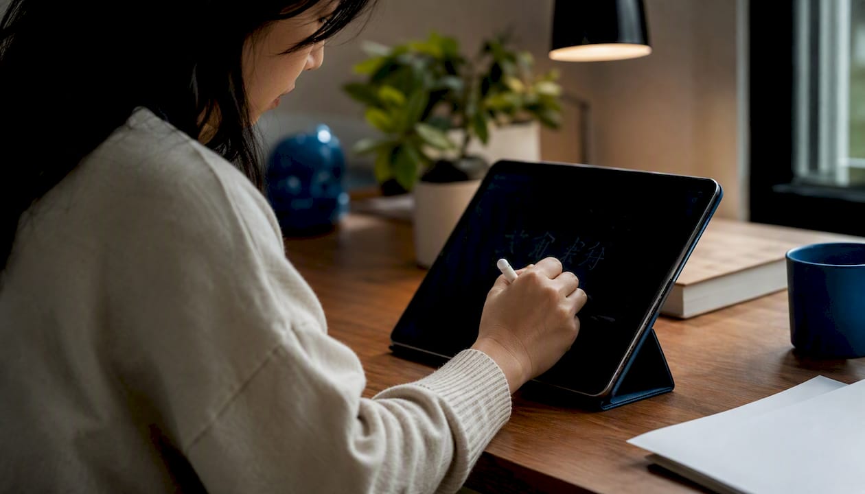 Hands writing Chinese characters on tablet