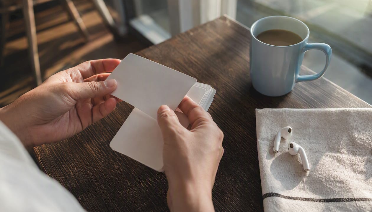 Hands sorting Mandarin flashcards on table