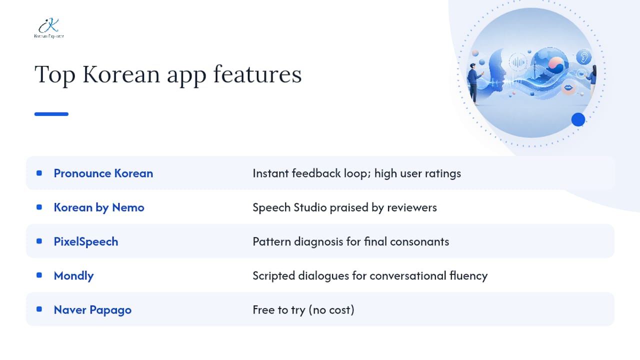 Feature comparison diagram of Korean pronunciation apps
