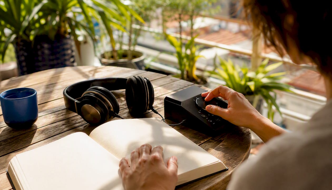 Hands using audio device for Thai learning