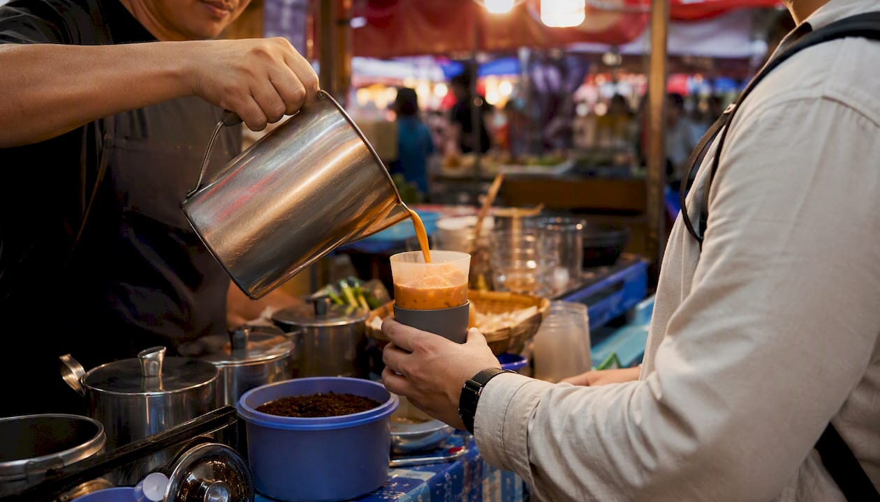 Hands exchanging Thai iced tea at street stall