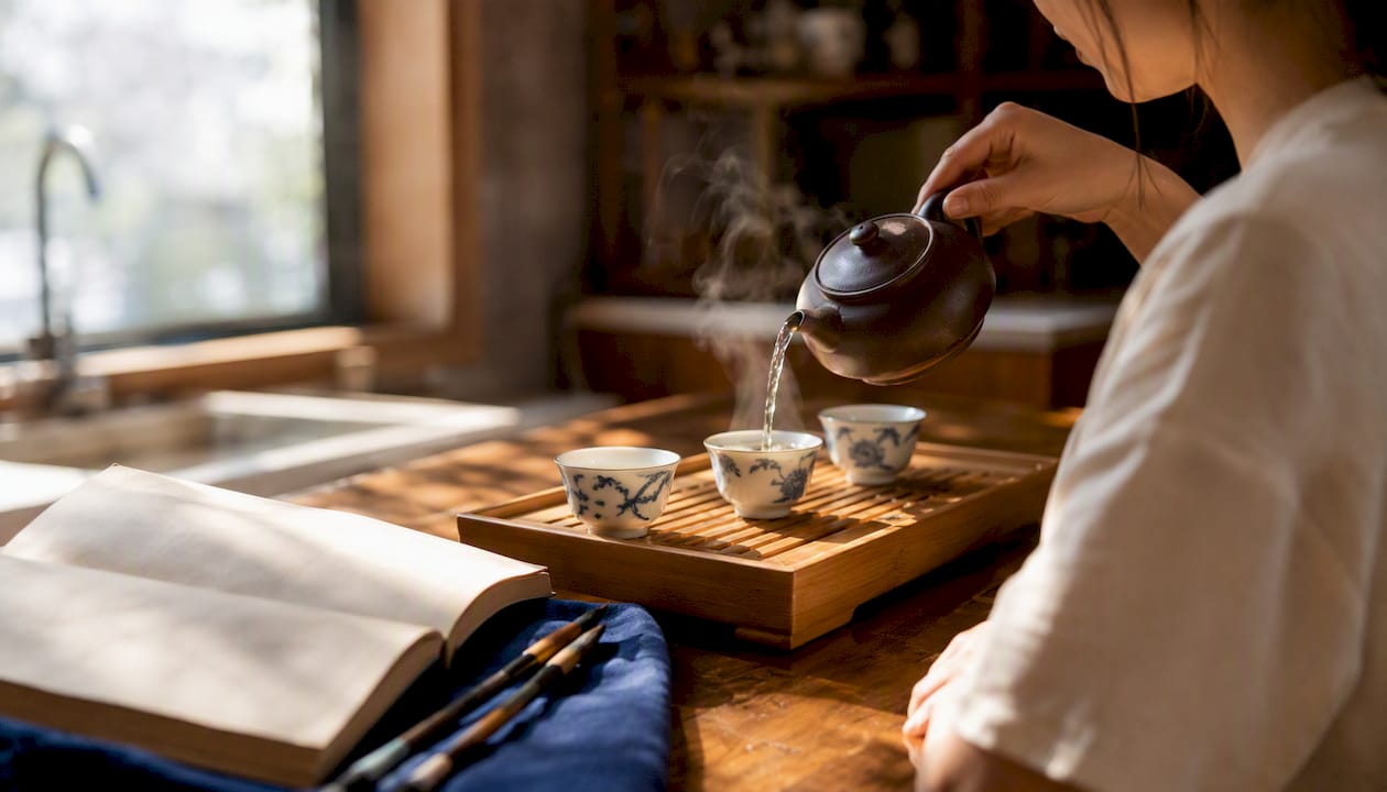 Pouring tea in traditional Chinese tea set