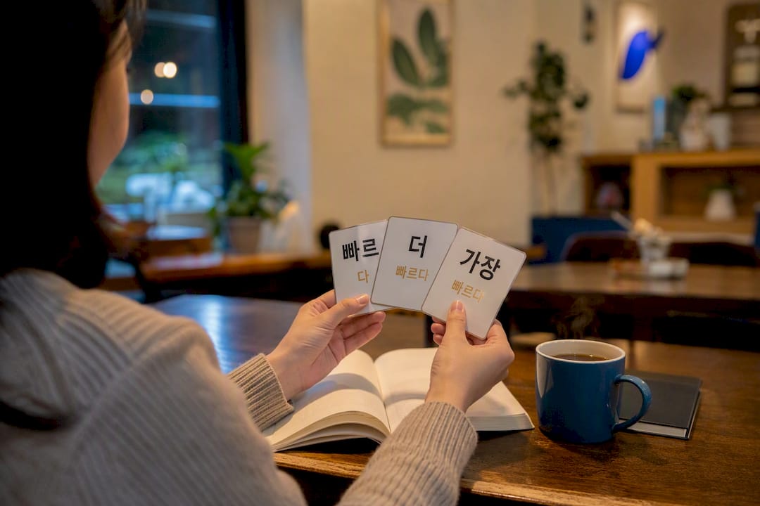 Hands with Korean adjective conjugation flashcards