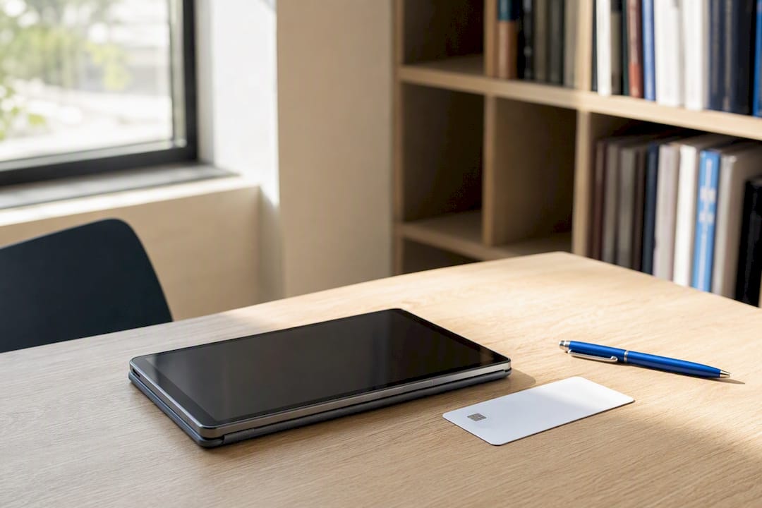 Tablet with credit card and pen on desk