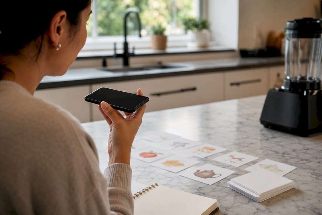 Hands recording Mandarin phrases on smartphone