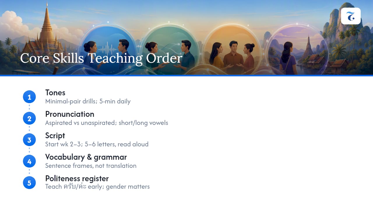 Diagram of five core Thai language skills with teaching methods