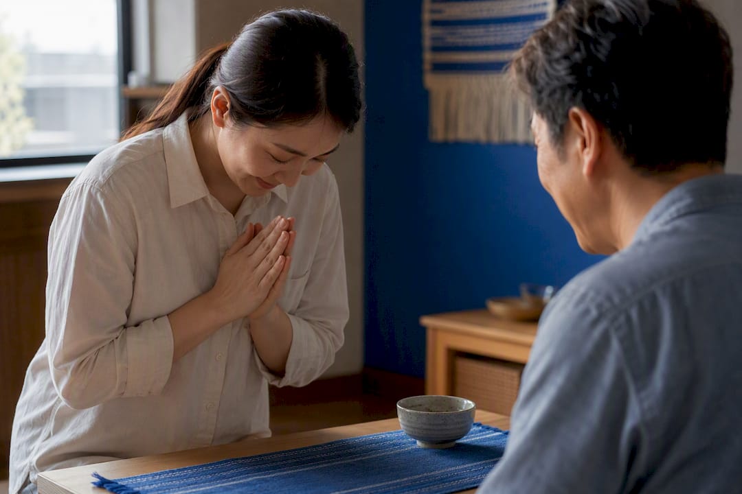 Learner demonstrating a Thai wai greeting