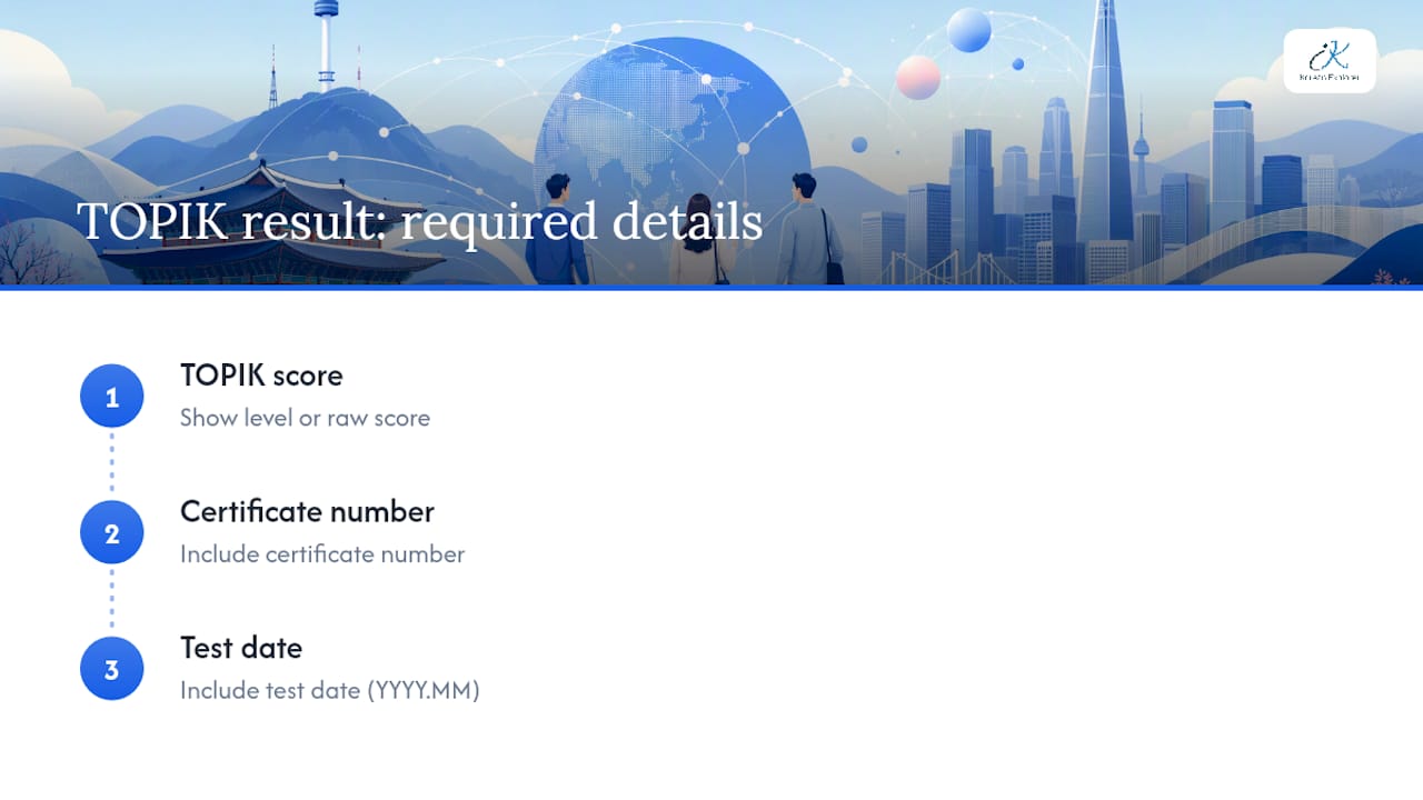 TOPIK score certificate number and test date