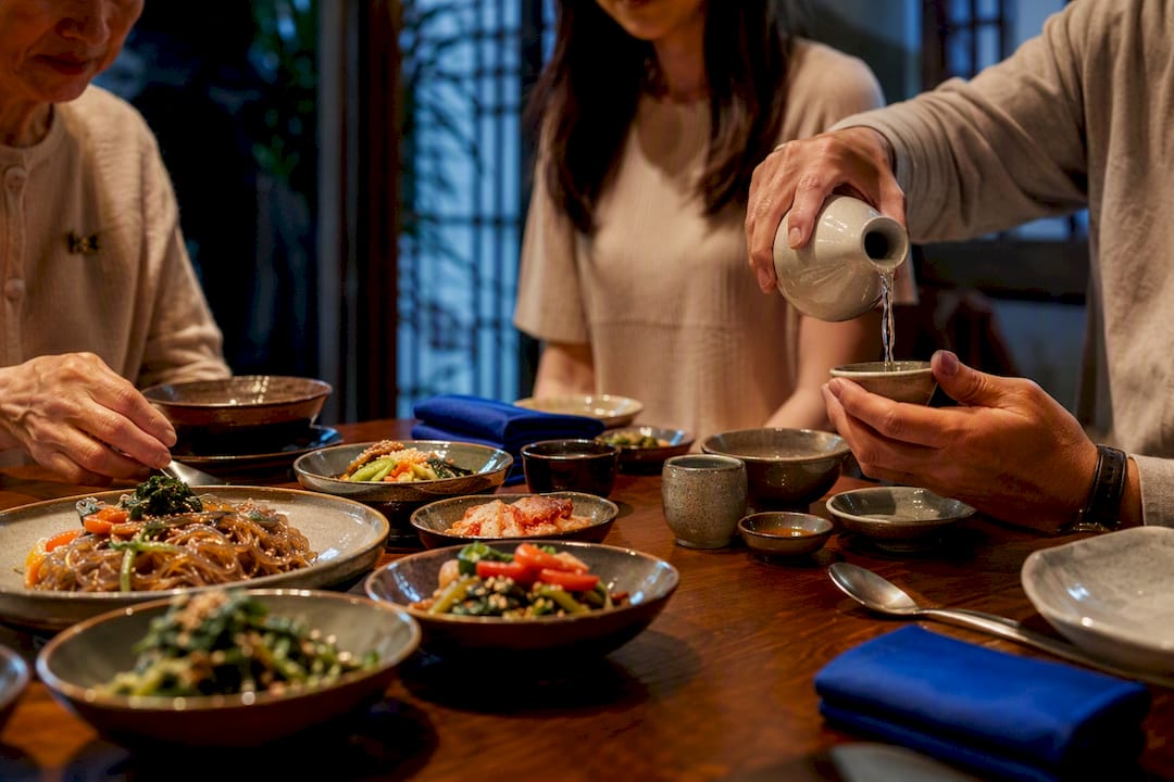 Diners practising Korean table etiquette