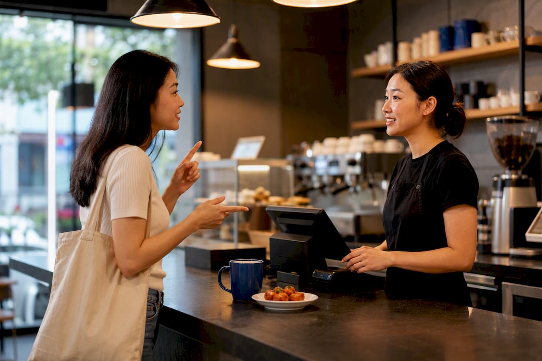 Adult learner ordering at a Korean café