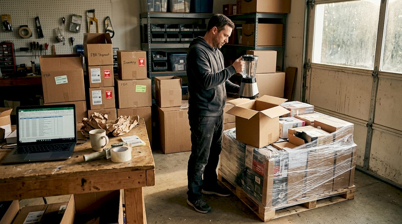 Owner inspects goods from liquidation pallet