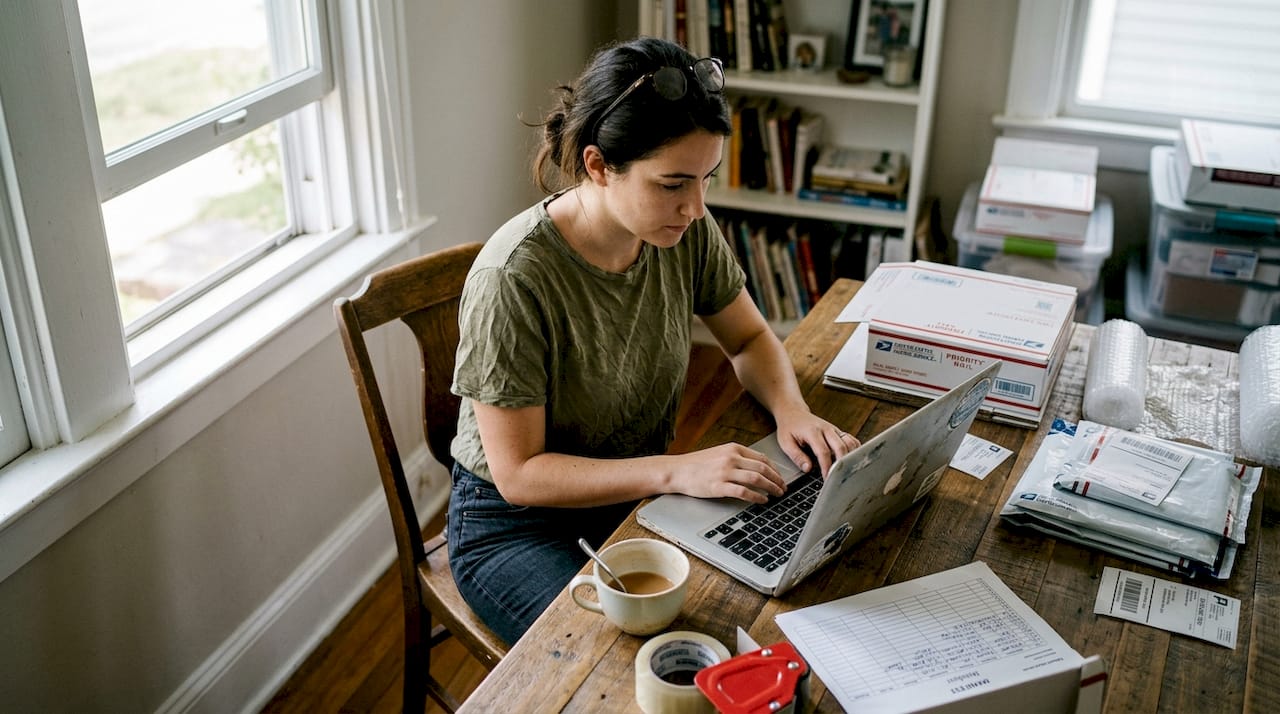 Person evaluating pallet value at home desk