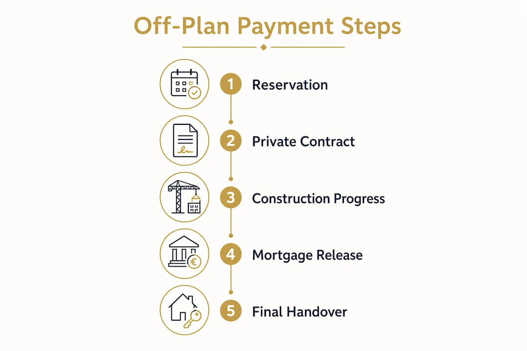 Infographic outlining off-plan property payment steps in Spain