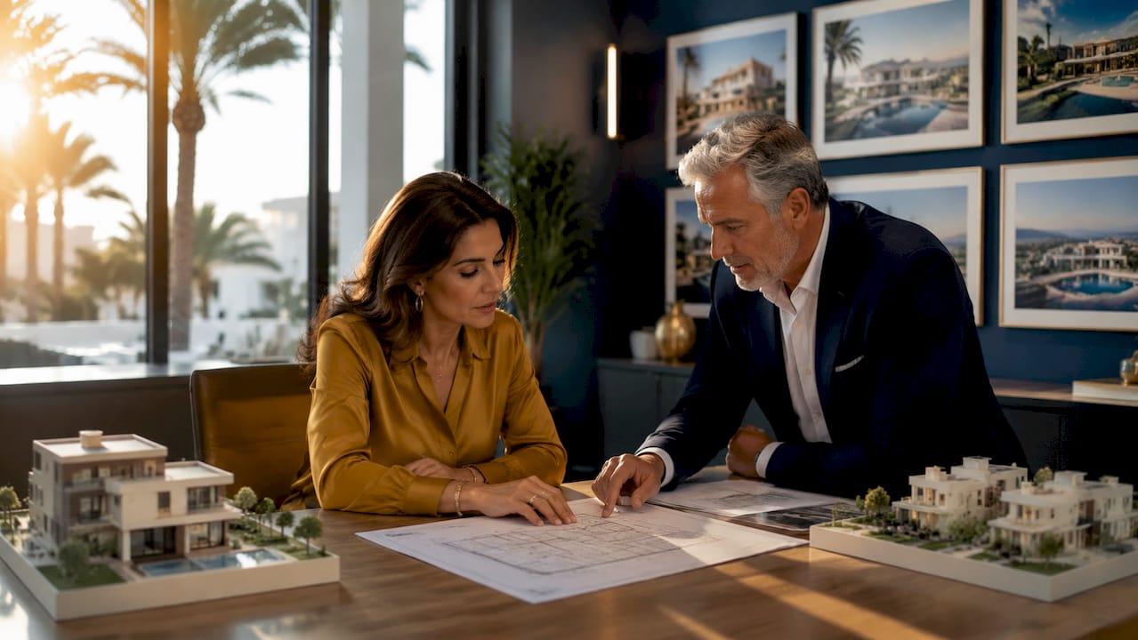 Agents discussing off-plan property models