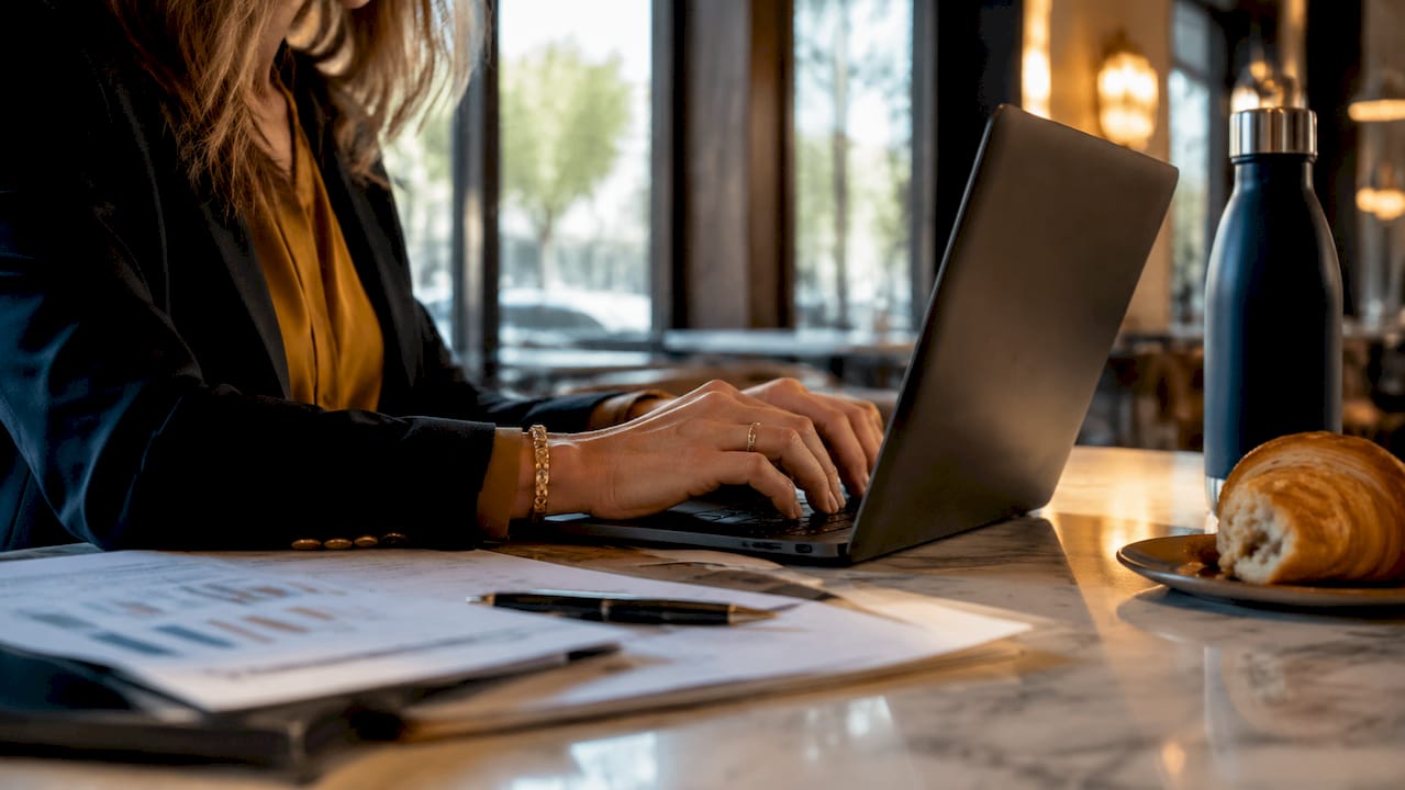 Hands typing on laptop with rental yield spreadsheets
