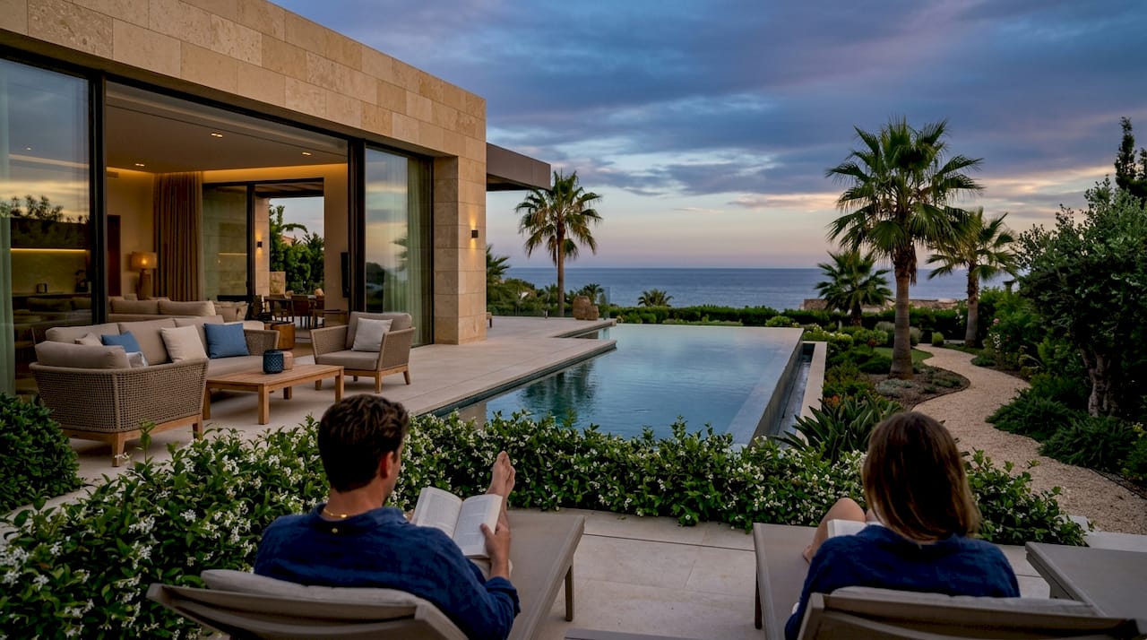 Modern luxury villa exterior with pool at sunset