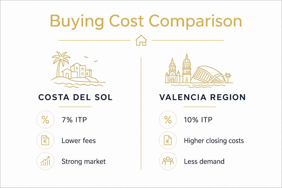 Infographic comparing buying costs in Costa del Sol and Valencia