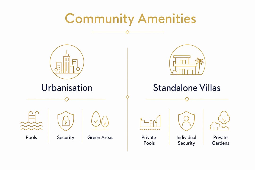 Infographic comparing community amenities and villa features