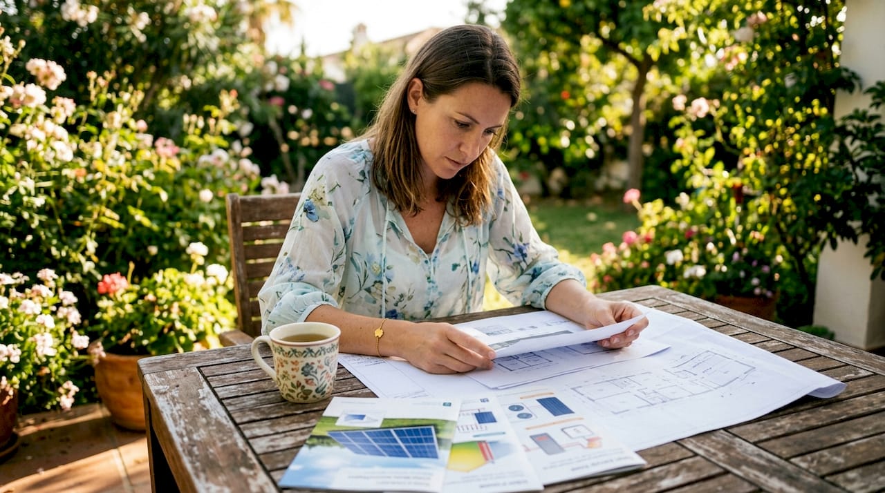 Woman reviewing green home plans at desk
