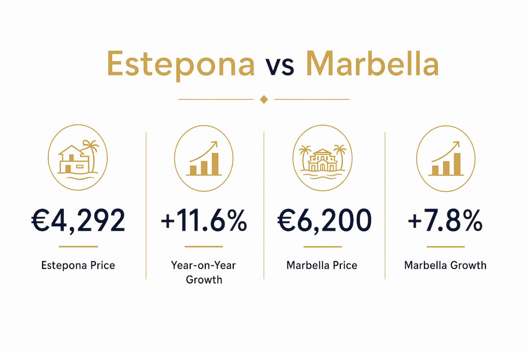 Infographic comparing Estepona and Marbella property prices and growth