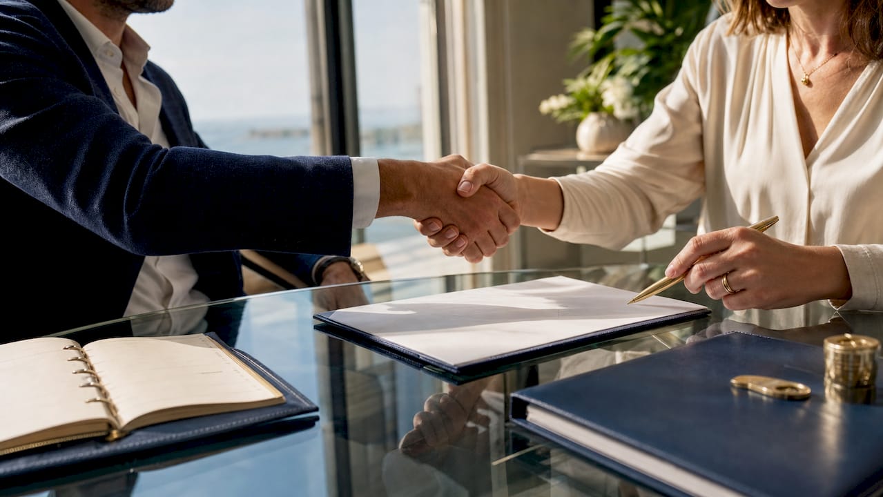 Hands exchanging signed Spanish property contract
