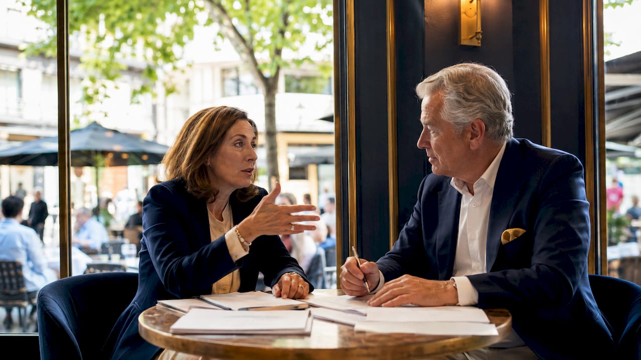 Two agents discussing property contracts indoors