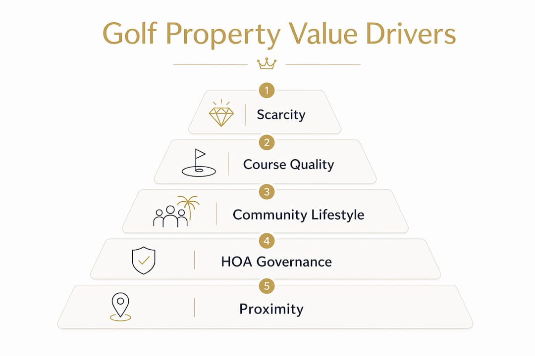 Infographic showing hierarchy of golf property value factors