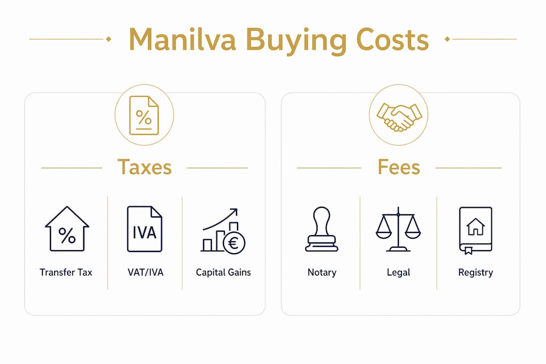Infographic outlining taxes and fees for buying property in Manilva