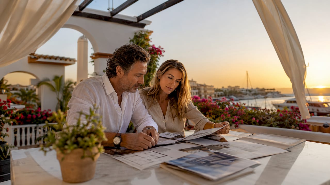 Couple at luxury villa terrace reviewing plans
