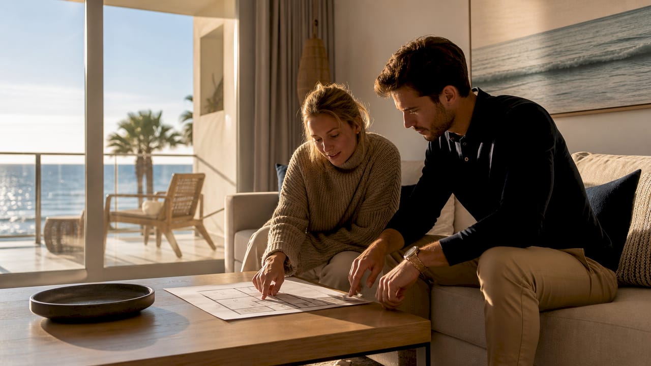 Couple exploring second-line apartment interior