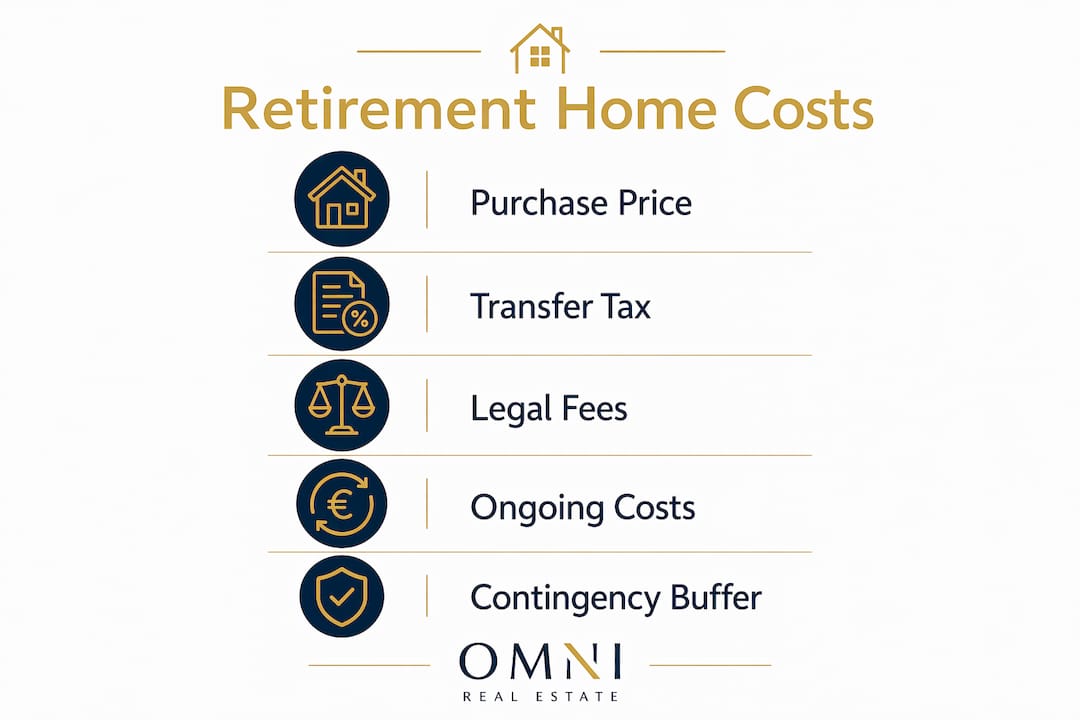 Infographic outlining key financial steps for retirement home purchase on Costa del Sol