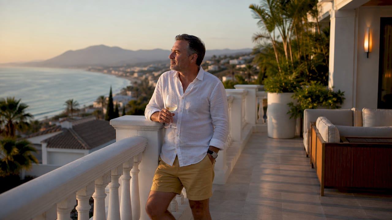 Man enjoying golf course view from Marbella villa terrace