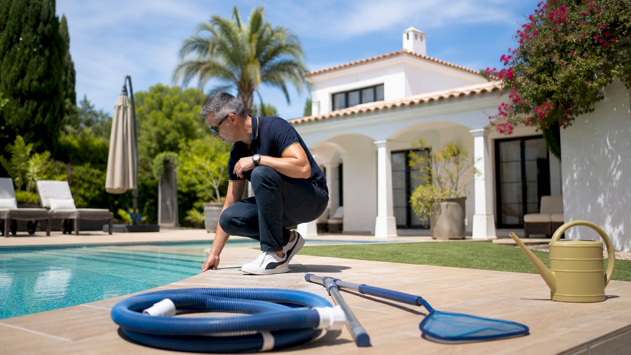 Man inspecting private pool area of Costa del Sol villa