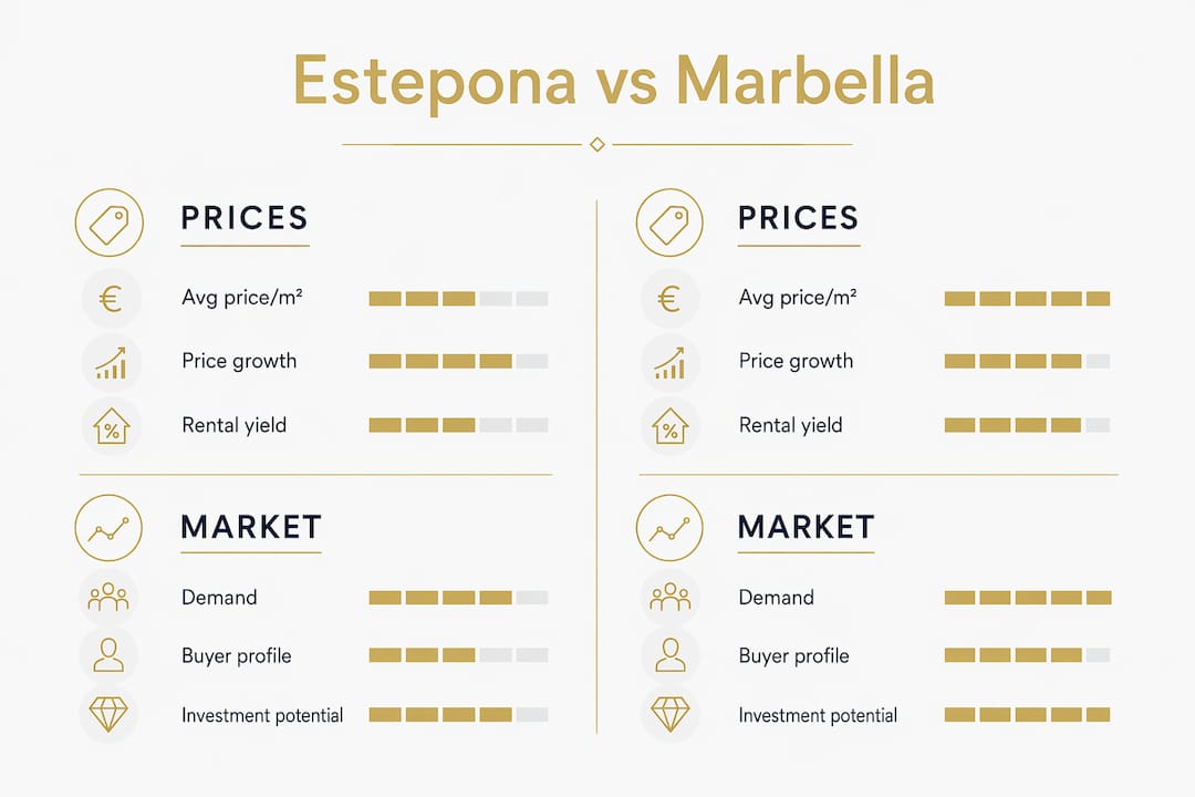 Infographic comparing Estepona and Marbella property markets
