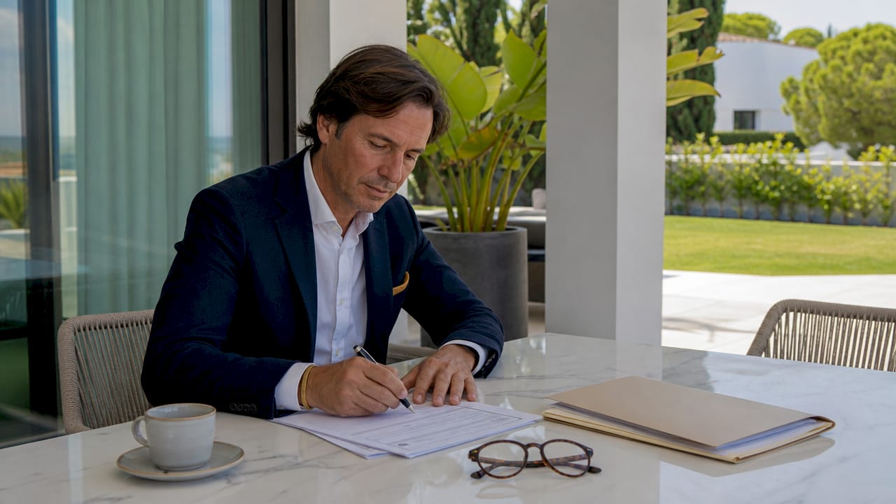 Hands filling Spanish non-resident tax form at table