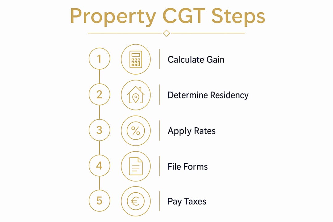 Infographic showing property capital gains tax steps in Spain