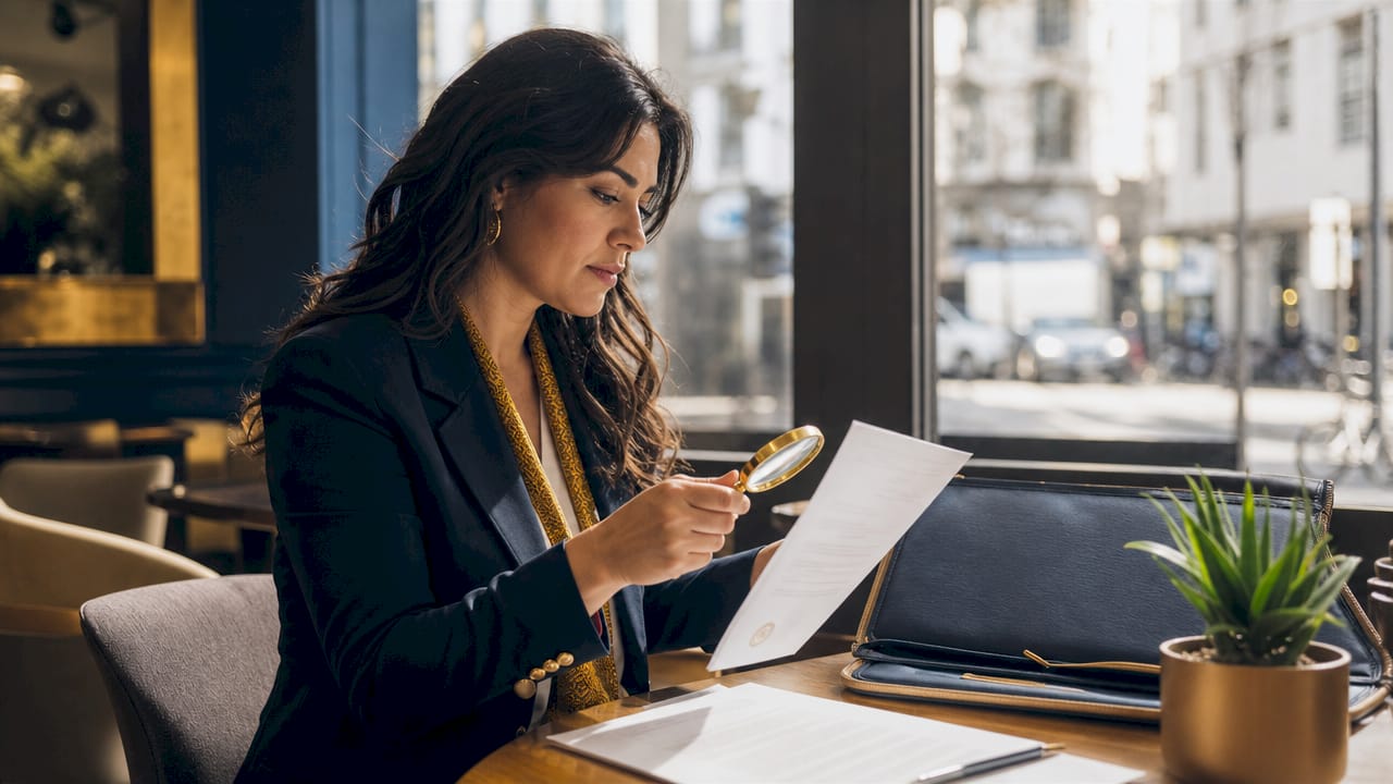 Lawyer verifying property legal documents up close