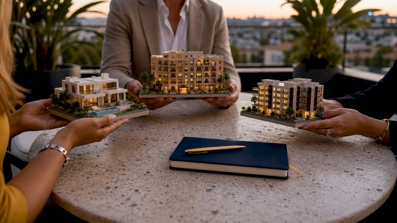 Hands holding miniature property type models