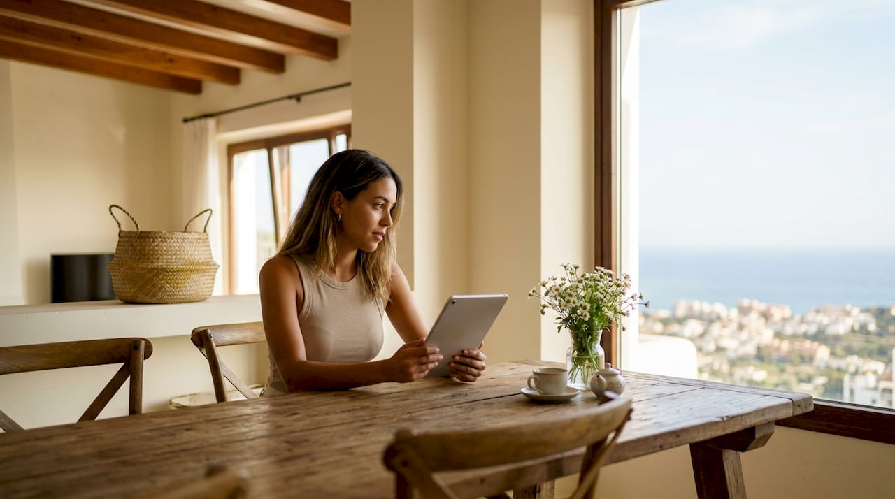 Woman reviewing apartment listings inside Casares home