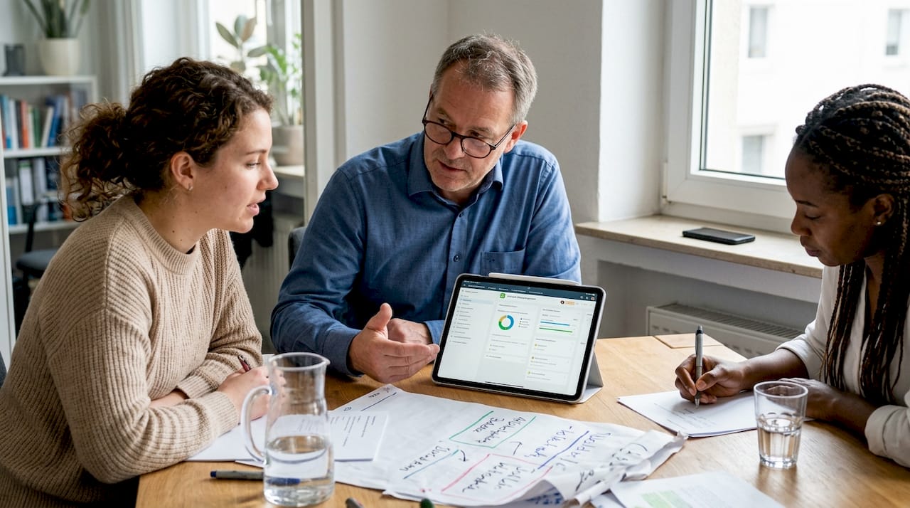 Das Team stimmt sich zur Planung einer digitalen Weiterbildung ab.