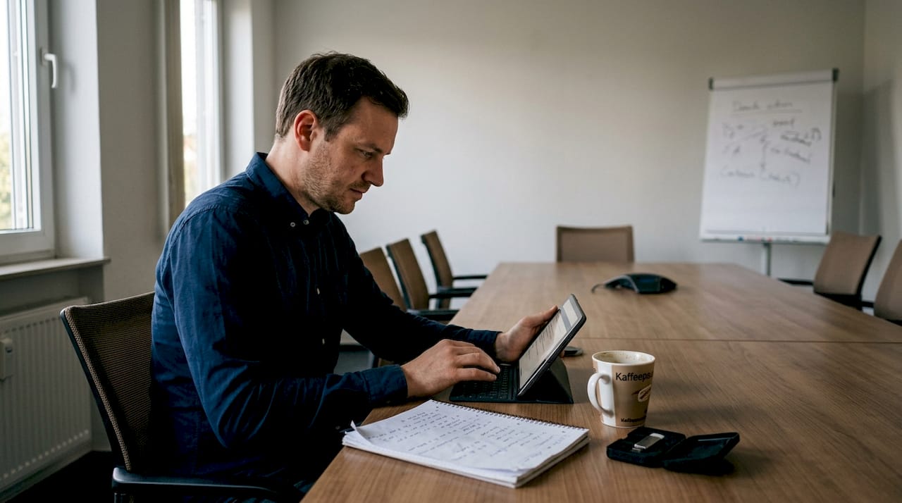 Ein Mitarbeiter bildet sich mithilfe eines Tablets weiter.