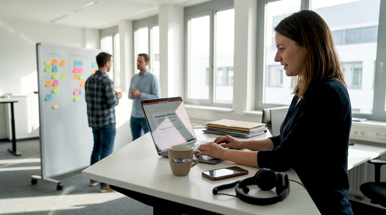 Mitarbeitende schauen sich das Feedback ihrer Kolleginnen und Kollegen digital an.