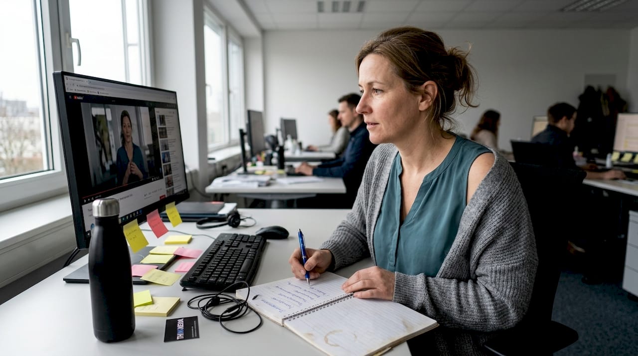 Eine Mitarbeiterin nimmt direkt an ihrem Schreibtisch im Büro an einem Online-Training teil.