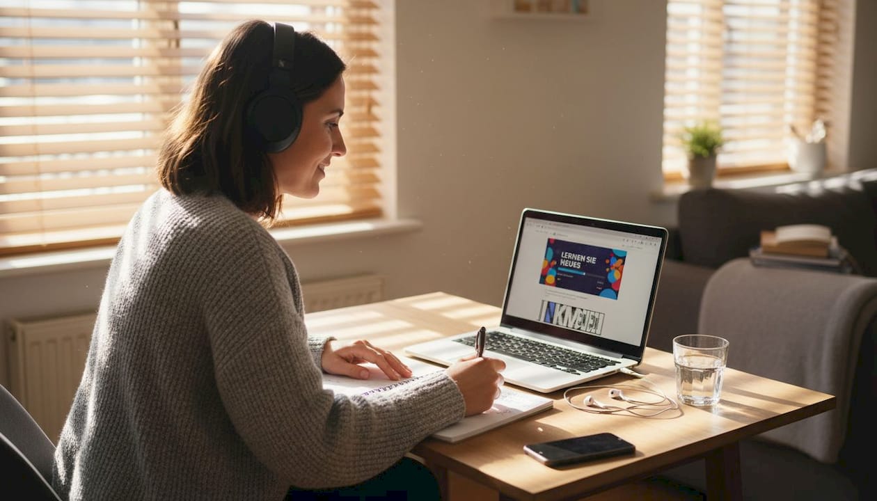 Eine Frau absolviert von zu Hause aus einen Online-Kurs in ihrem eigenen Tempo.
