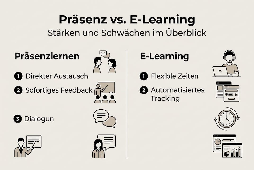Übersichtsgrafik: Die Vorteile von Präsenzunterricht und E-Learning auf einen Blick