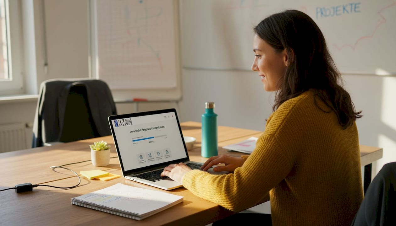 Mitarbeiter probiert im Büro ein E-Learning-Modul aus