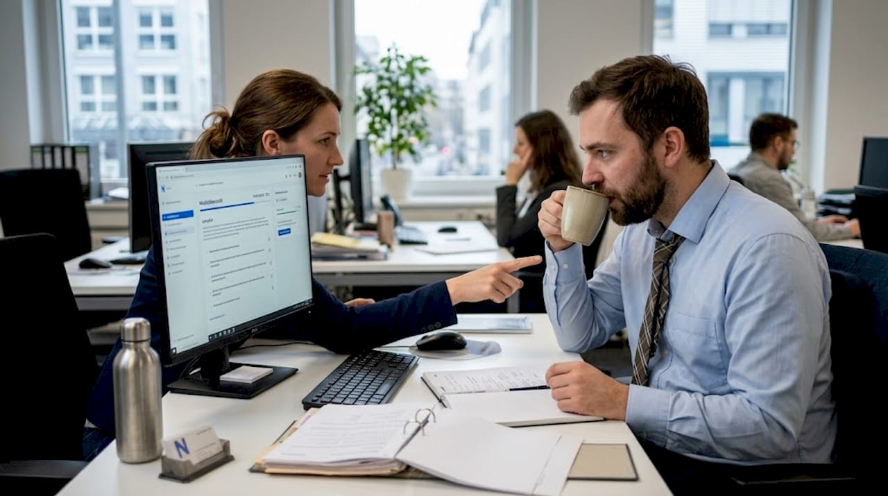 Mitarbeitende tauschen sich gemeinsam vor dem Bildschirm über eine Lernplattform aus.