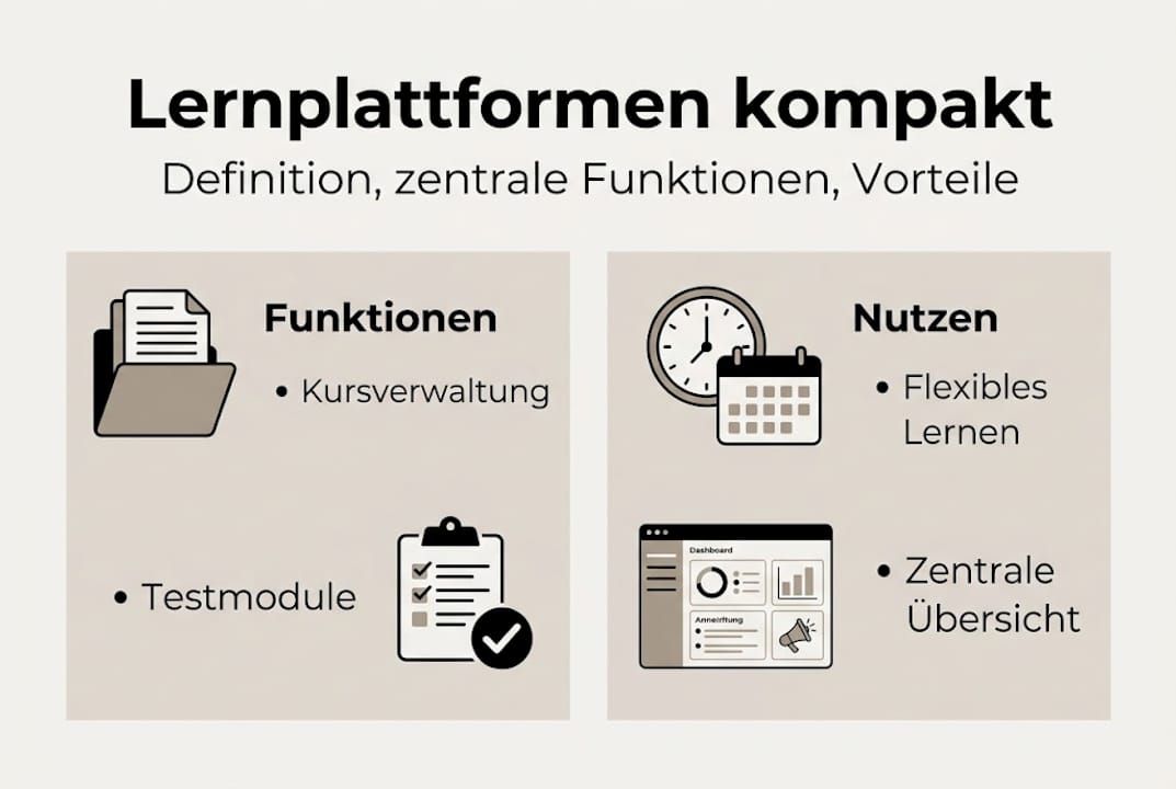 Übersichtsgrafik: Die wichtigsten Funktionen und Vorteile moderner Lernplattformen auf einen Blick