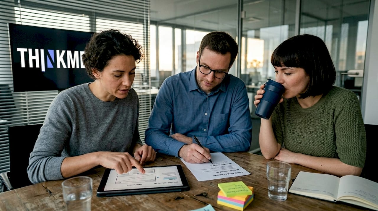 Eine kleine Gruppe arbeitet online gemeinsam an einem Projekt.